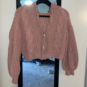 brownish pink zip up cropped sweater